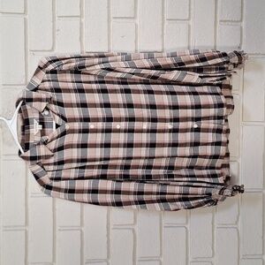 Max Studio Black, Tan & Red Plaid Long Balloon Sleeve Blouse. Size Small NWOT